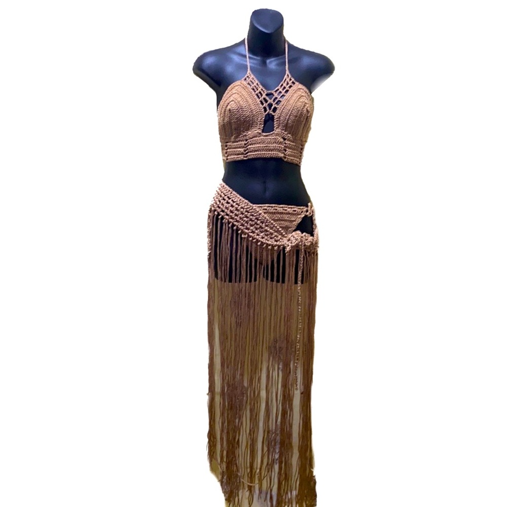 TWISTED/CROCHETED ROPE BIKINI SET W/FRINGE-TWIST SIDE-TIE SKIRT/ BELT O/S
